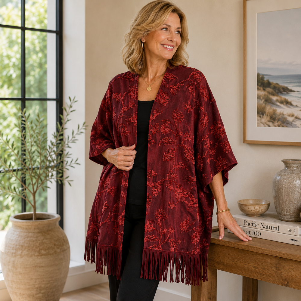 Chicos Jacket Women L/XL Red Chenille Floral Jacquard Tapestry Fringe Poncho TAG